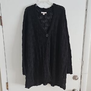 Woman Within Black Openwork Button Cardigan